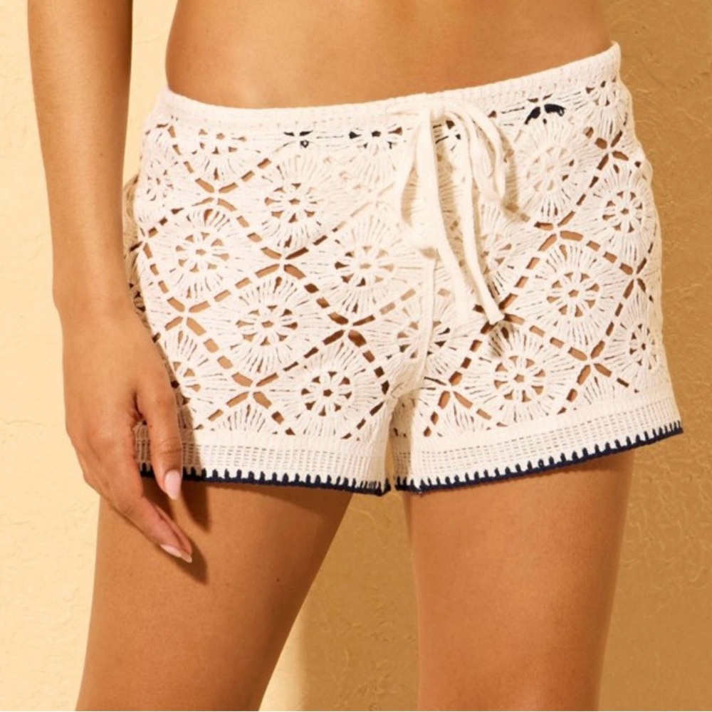 Shade & Shore White Crochet Swim Coverup Shorts with Navy Trim